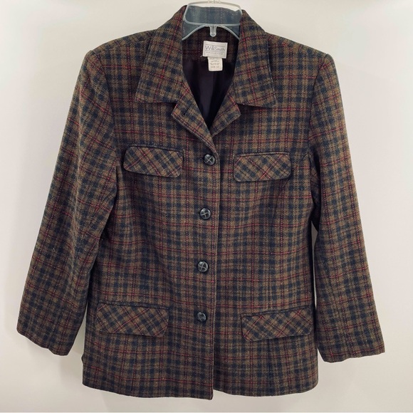Willi Smith Vintage Wool Blend Plaid Faux Leather Button Pockets Jacket Blazer - Picture 1 of 9